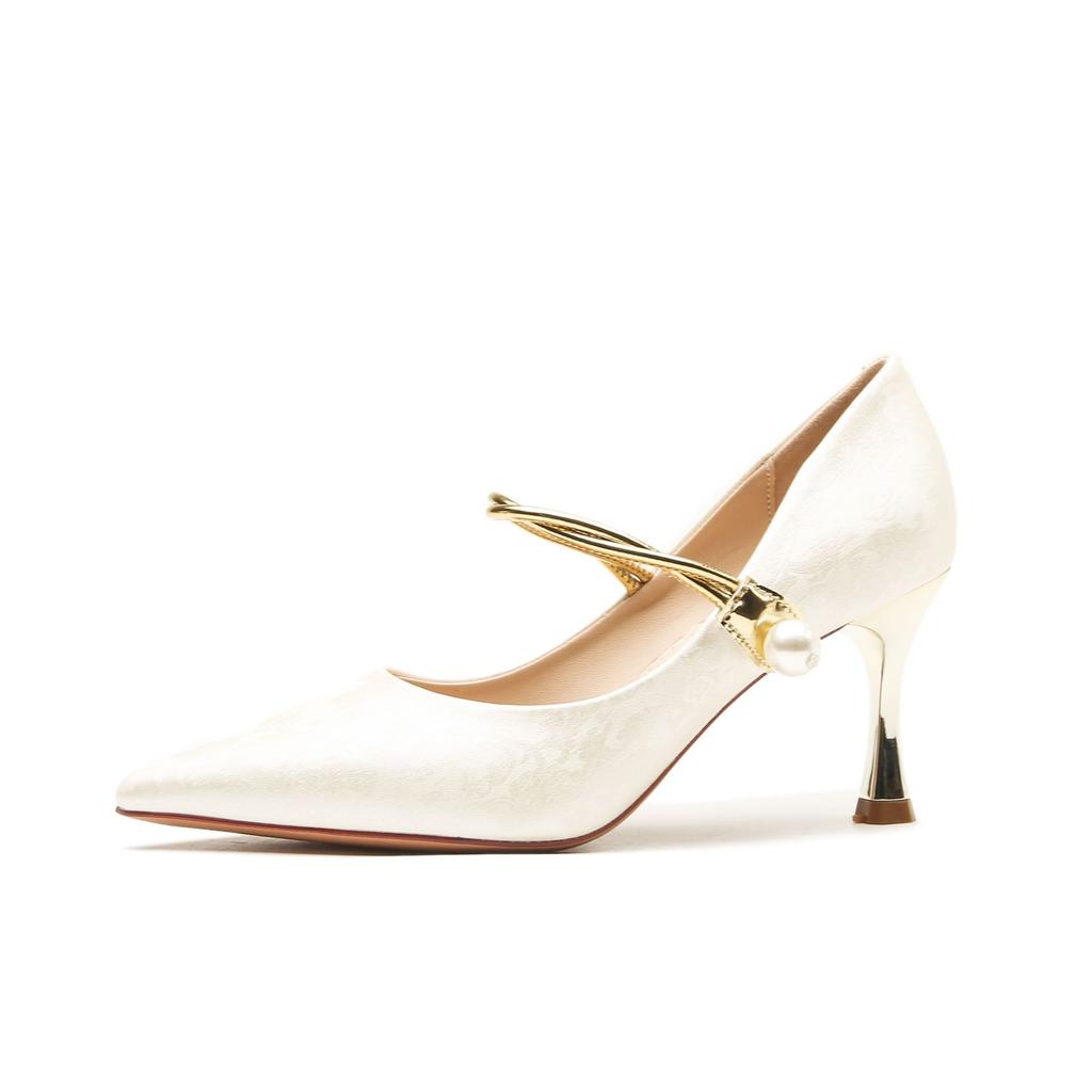 -High heels women's thin heels pointed toe shallow mouth women's shoes single shoes pearl buckle Chinese style banquet shoes