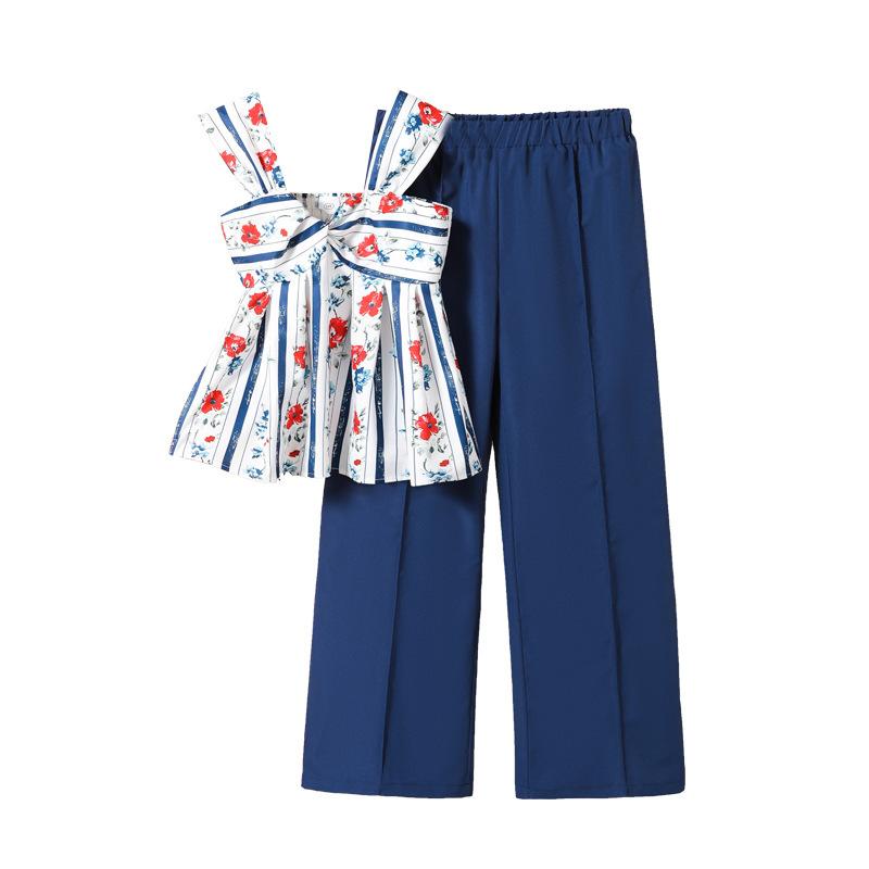 Spring and Summer Children's Fashion Rose Halter Top and Wide-leg Pants Two-piece Set for Girls' Vacation and Casual Wear