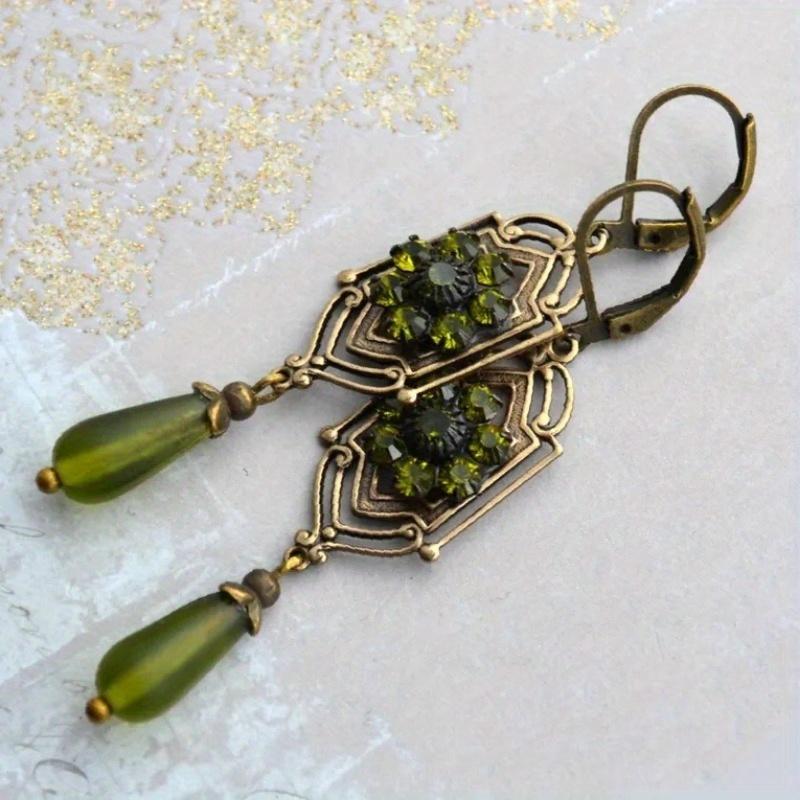 Art Nouveau Decorative Earrings Green Zirconia Antique Gold Color Boho Style for Daily Occasion Party