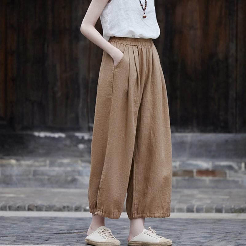 Johnature Pantaloni drepți din bumbac și in pentru femei Pantaloni de toamnă de culoare solidă Buzunare cu talie elastică Pantaloni vintage până la gleznă