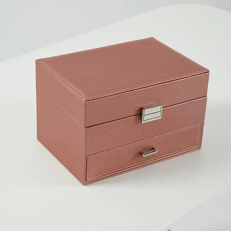 Handgehaltene Schmuckschatulle mit drei Schubladen, Aufbewahrungsbox für Ohrringe, Ringe und Halsketten, Schmuckvitrine aus PU-Leder mit Sicherheitsschlüsselschloss