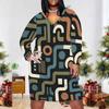 Women Plus Size V Neck Long Sleeve Abstract Printed Fitted Straight Dress