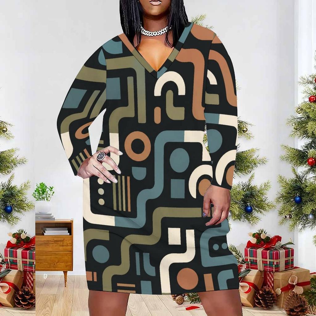 Women Plus Size V Neck Long Sleeve Abstract Printed Fitted Straight Dress