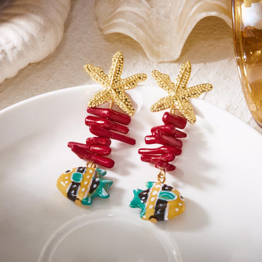 Boho Ocean Theme Cute Ceramic Fish Drop Earrings For Women Textured Starfish Red Coral Stacked Earring Beach Vacation Jewelry