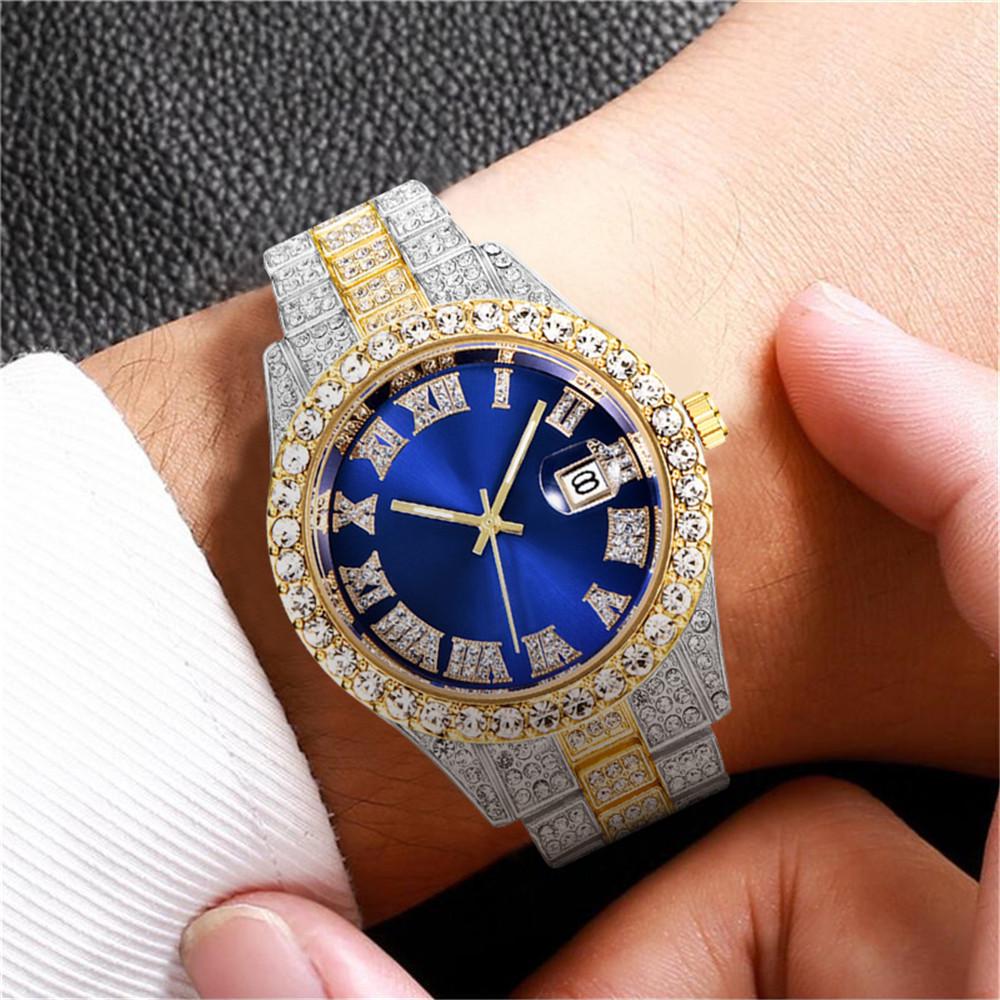 New Men's Full Diamond Steel Band Quartz Watch with Calendar