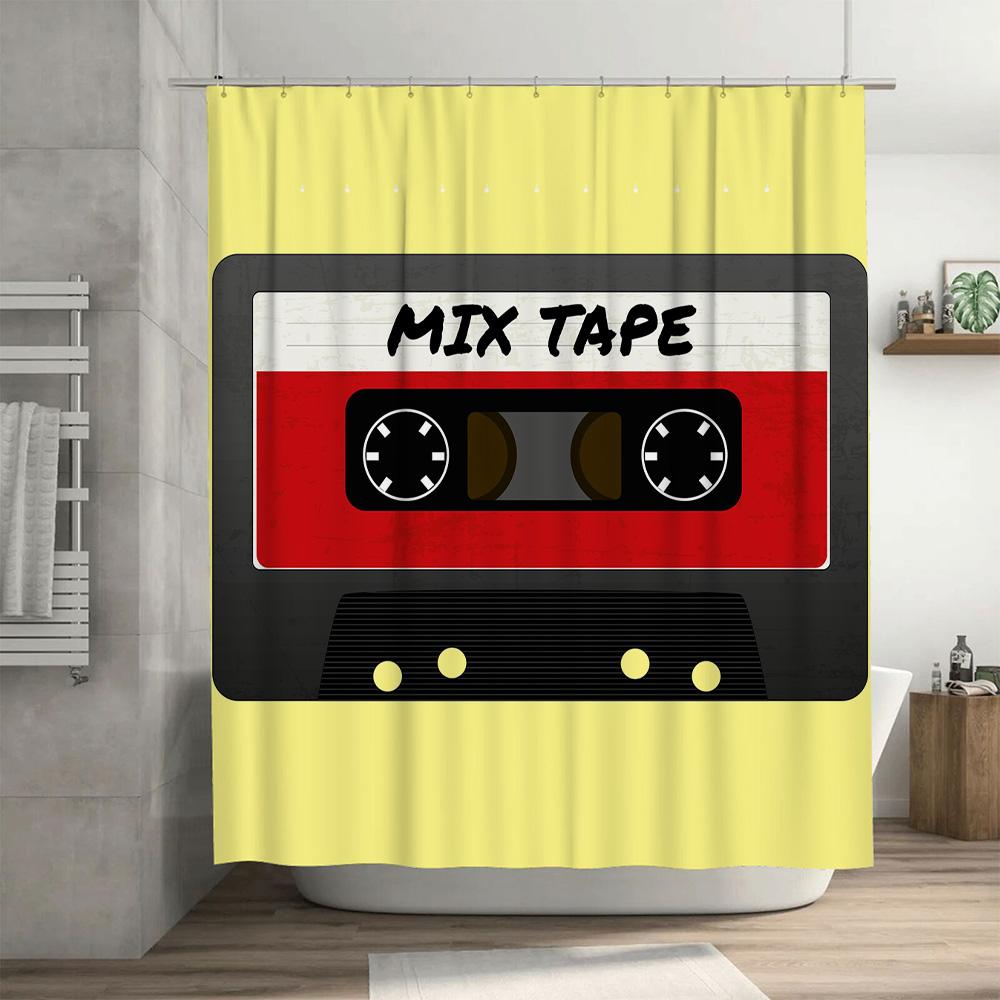 Retro Mix Tape Duschvorhang Gelb Rot 80er Jahre Stil Audio Kassette Dekor für Badezimmer
