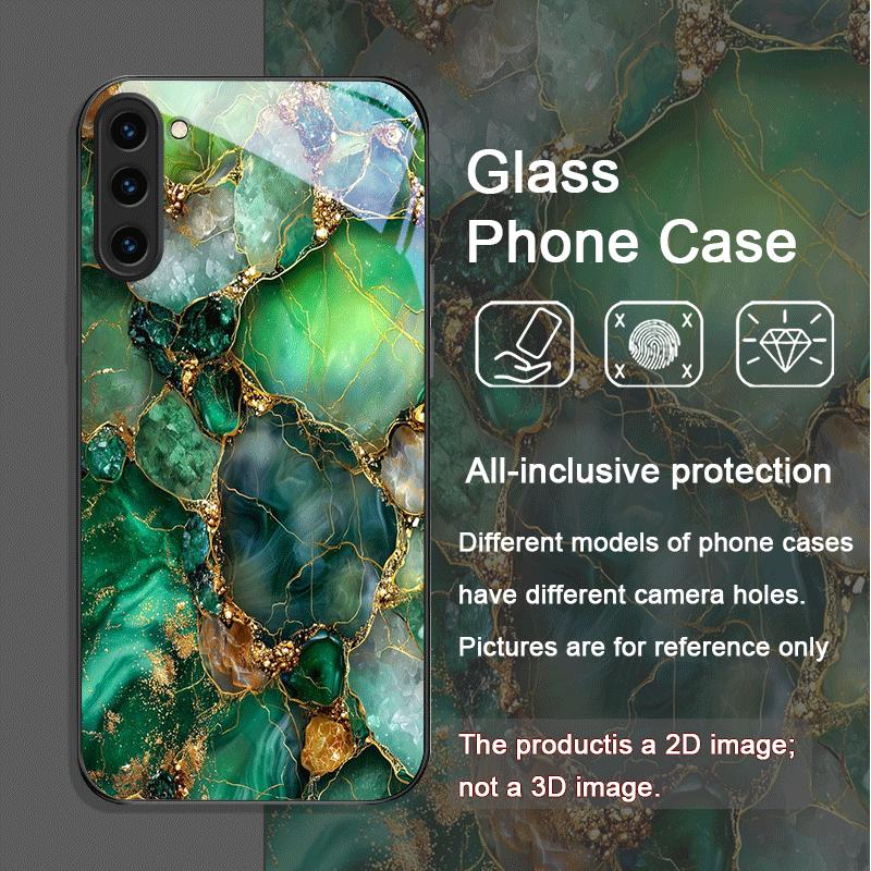 Gorgeous Emerald Pattern Tempered Glass Phone Case for Samsung Galaxy S25 Ultra S24 S23 S10 Plus S22 S21 S20 FE Shockproof Cover