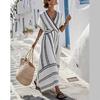 European And American Style Fashion Style Summer New Striped Summer Vacation V-Neck Women'S Sleeve Pleated Pendulum Dress