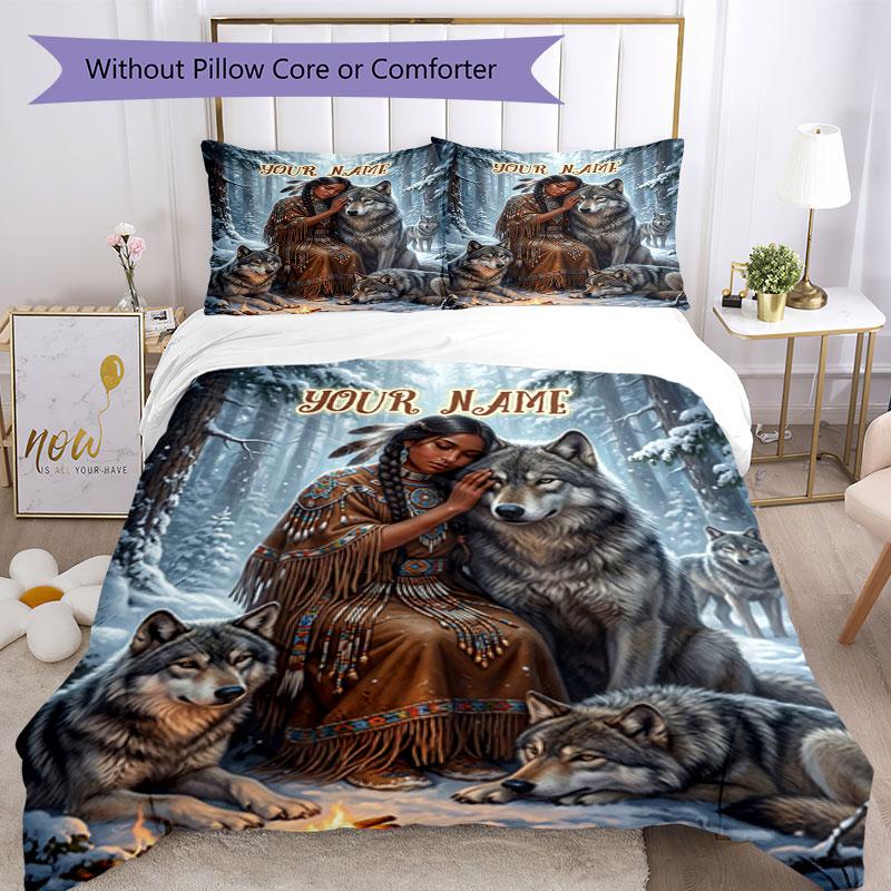 3PC Custom Name Wolf Spirit Connection Bedding Set Duvet Cover Closure Includes 1 Duvet Cover & 2 Pillowcases for Bedroom