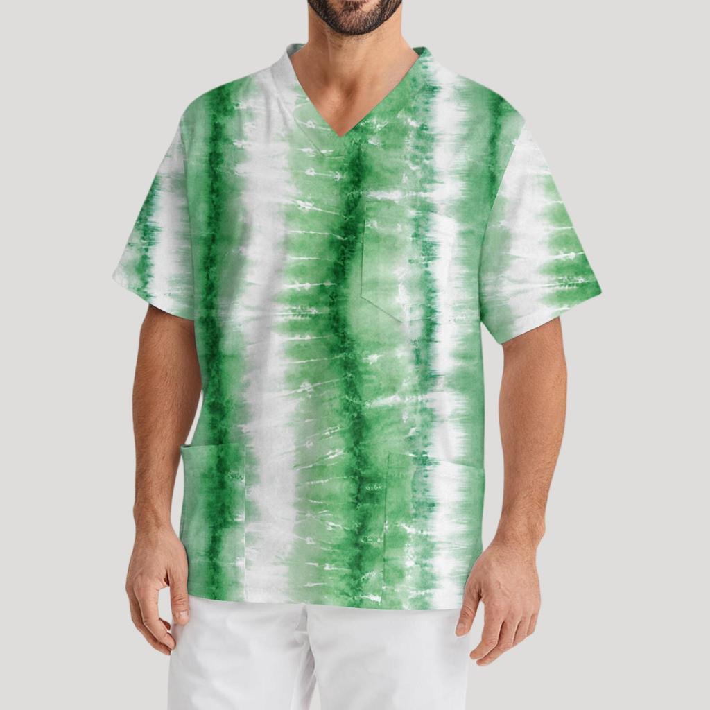 Men's Printing Short Sleeve V-neck Working Blouse Chest Pocket Carer Top