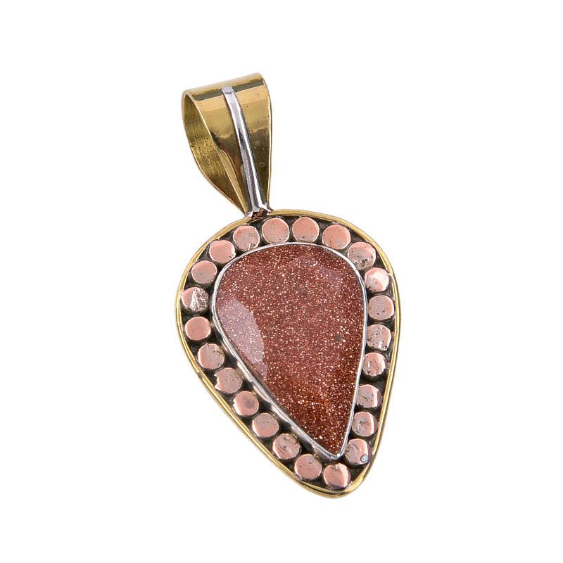 Natural Sunstone Gemstone 925 Solid Sterling Silver Two Tone Pendant 1.50" Q4M55