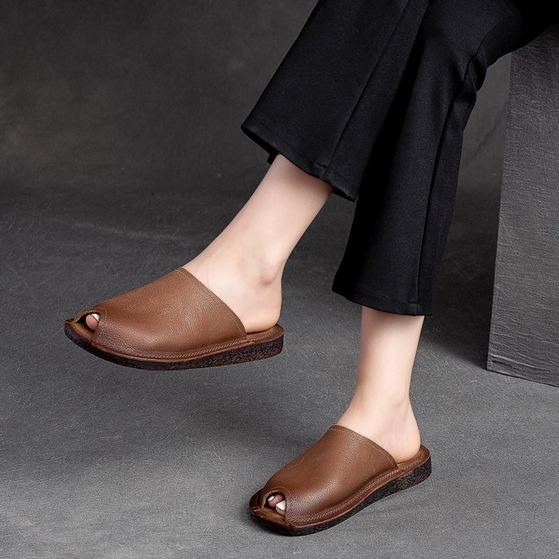 Johnature Pantofole piatte traspiranti con suola morbida Ciabatte aperte vintage in vera pelle Scarpe da donna versatili