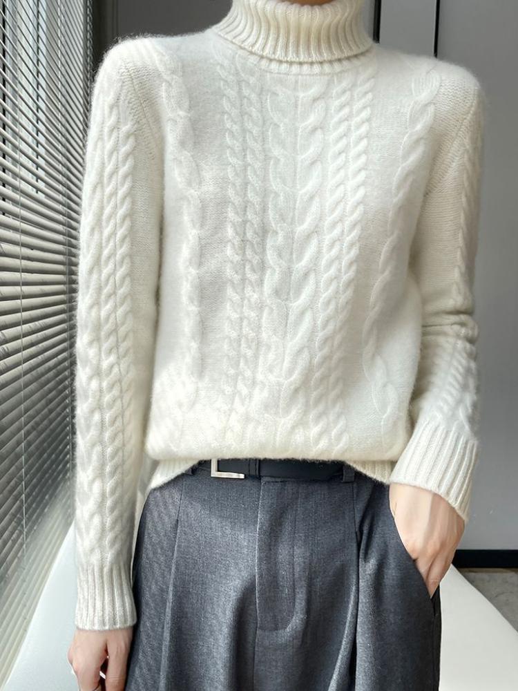 Elegant enfärgad långärmad pullovertröja, Damstickad topp med hög hals, Medium stretch, Normal passform, Höst-/vinterkläder