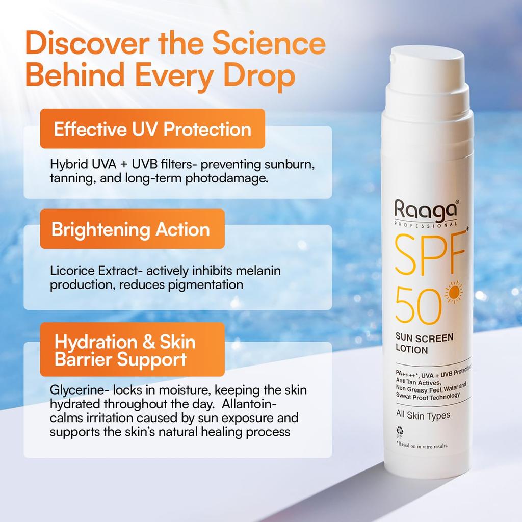 Raaga Professional SPF 50 Sunscreen Lotion PA++++ UVA UVB Protection Non-Greasy Water Proof 55 Ml