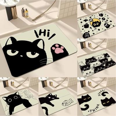 Willkommens-Fußmatte Wohnzimmer Schlafzimmer Schwarze Cartoon-Katze Dekoration Teppich Abriebfest Schmutzabweisend Teppich Heimdekoration