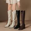 Women's Mid-Heel Long Boots - Autumn/Winter Fashion, Thick Heels, Zippered V-Neck, Soft Leather, Pointed Toe, Not Over-the-Knee.