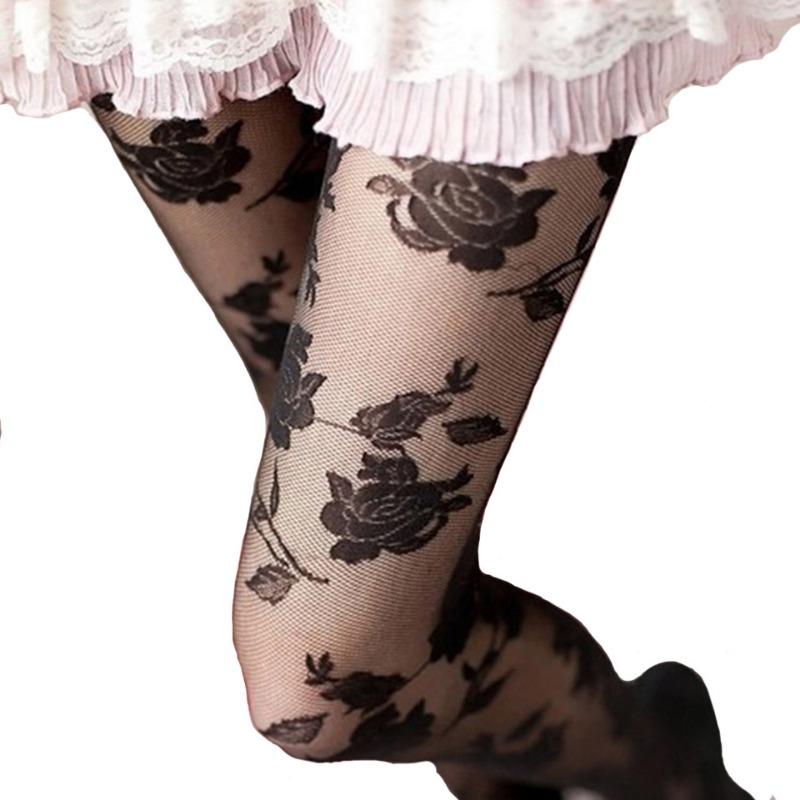 Women Sexy Rose Tattoo Tights Thin Sheer Hollow Out Pantyhose Floral Hosiery Collant Femme Medias Fantaisie
