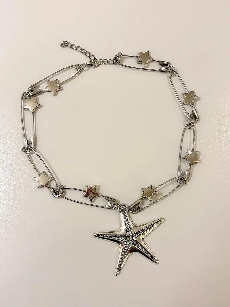 Star Pendant Necklace Safety Pin Chain Link Necklace Metal Star Charm Necklace Adjustable Length Star Shape Necklace for Women One Size серебряный