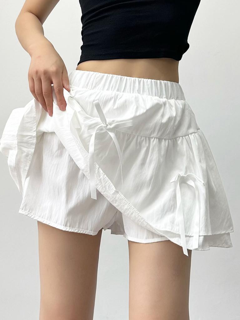 Cute Bow Mini Skirt with Shorts Women's Y2K Sweet Style Cake Skirt Ruffle Elastic Waist Fashion Female Clothing