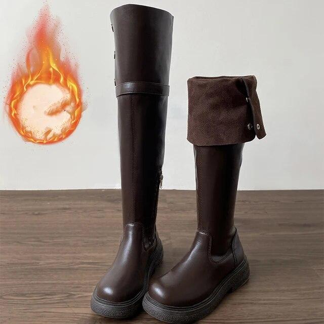 Botas por encima de la rodilla de invierno para mujer, botines largos elegantes de tacón bajo sin cordones a la moda, botines de caballero con hebilla de cinturón para mujer