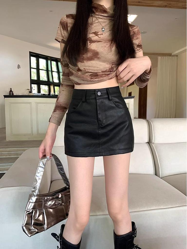 Meilade Women's PU Leather A-Line Mini Skirt - Petite High Waist Brown, Spring 2024
