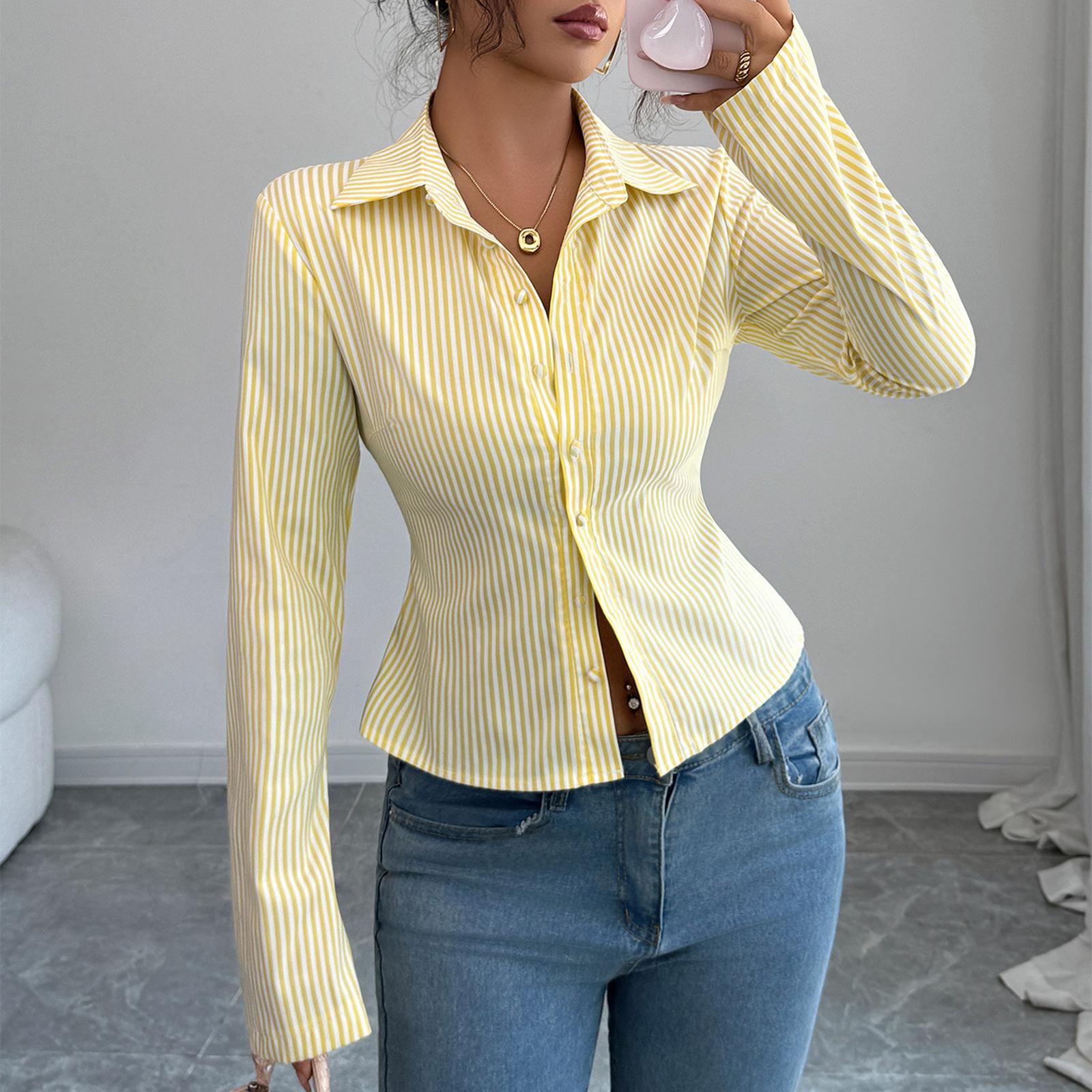 

Женская модная полосатая рубашка с длинным рукавом на пуговицах S