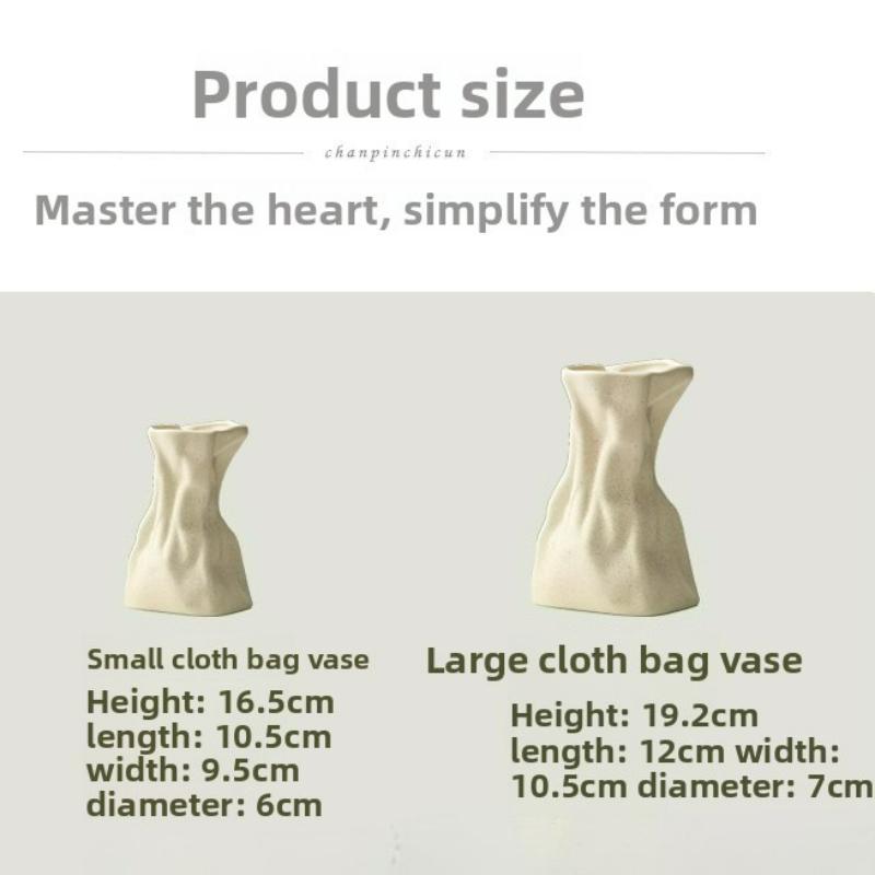Nordic Cream Ruffle Fabric Ceramic Vase for Dried Flowers Irregular Pouch Shape Home Decor Living Room Table Centerpiece