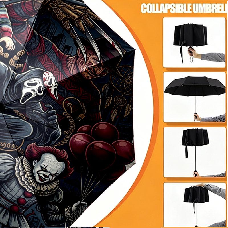 Custom Name Personalized Horror Theme Chucky Print Umbrella, Auto Open Close, 8‑Rib Sturdy Frame, Commute Camping Hiking Use, Birthday Gift