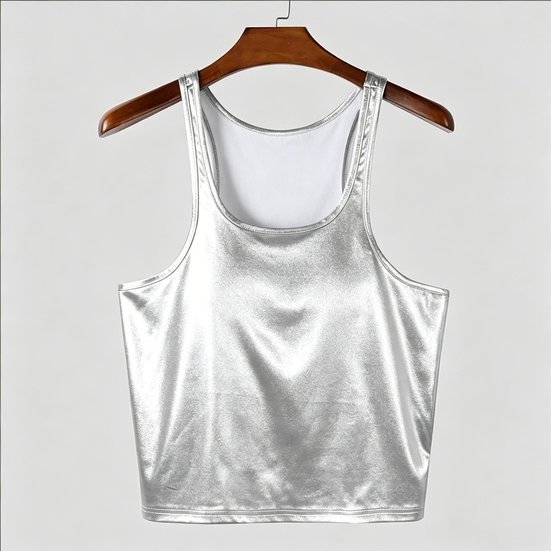 Men s new summer shiny high-elastic slim-fit tank top with thin straps and U-neck inner layer S серебряный