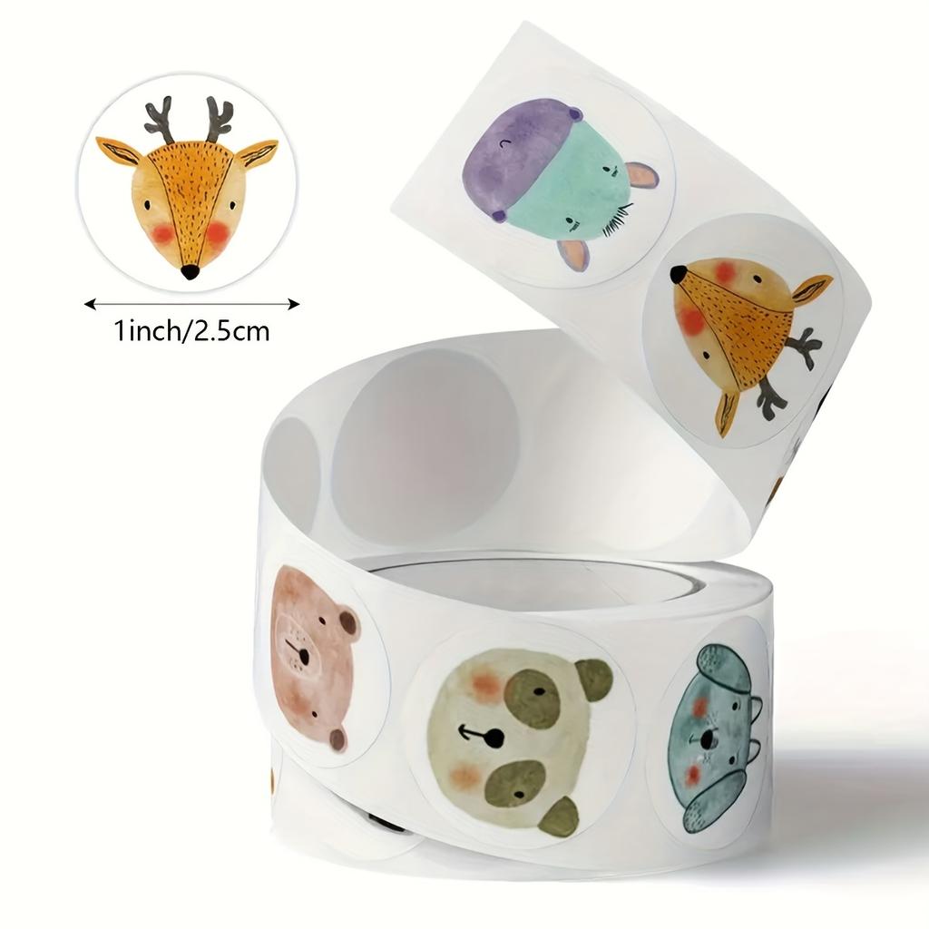 500pcs/roll Cute Cartoon Animal Head Self-Adhesive Stickers Teacher Rewards Office Gift Box Packaging DIY Decoration PVC Sticker