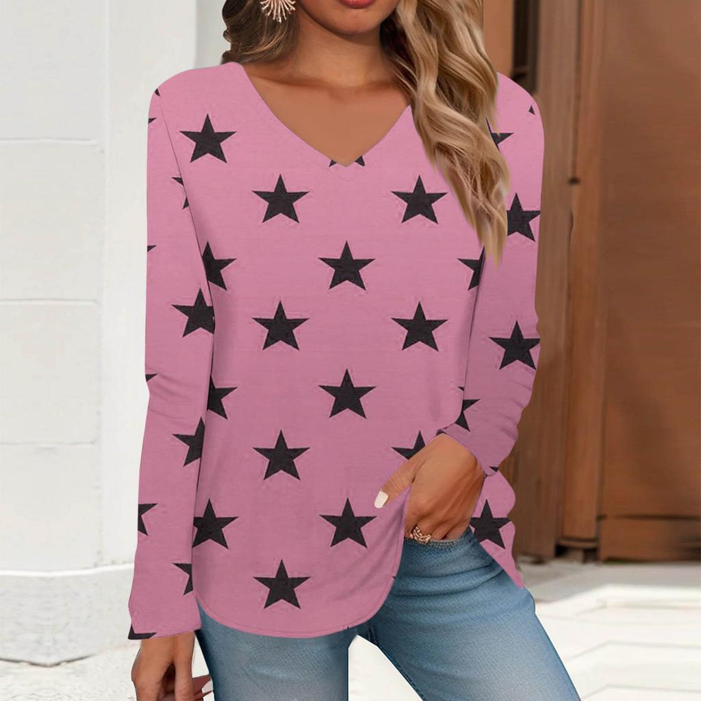 V-neck 3D Printed Star Pattern Top Fashionable Casual Long Sleeved Women's T-shirts