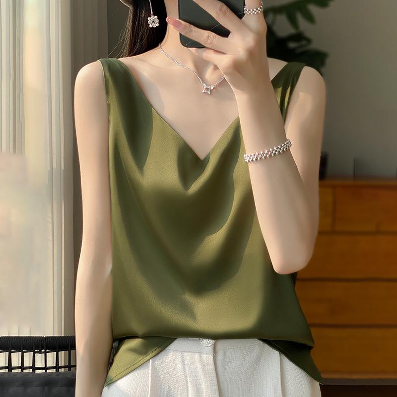 Women's Stylish Satin V-Neck Spaghetti Strap Vest - Sexy Back Inner Layer for Spring/Summer Suits