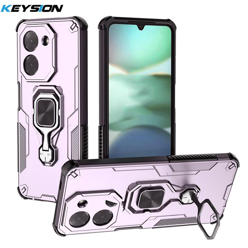 KEYSION Shockproof Armor Case for Redmi A5 4G Soft Silicone+PC Upright Metal Ring Stand Phone Back Cover for Xiaomi POCO C71