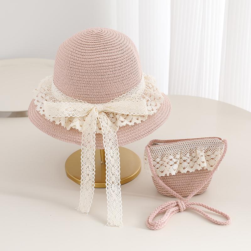 

Girls Lace Straw Hat & Mini Bag Set Summer Children s Sun Hat Bow Cute Toddler Beach Hat for Kids Outdoor Travel Sun Protection Kids Size (50-52cm) розовый