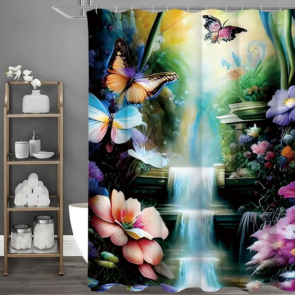 Butterfly Waterfall Floral Shower Curtain, Bathroom Decorative Shower Curtain, Waterproof Shower Curtain with Hooks