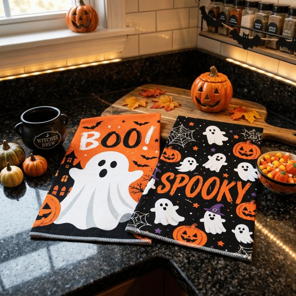2PCS Ghost Pumpkin Pattern Halloween Kitchen Towel Ultra-Fine Fiber Dish Towel Bathroom