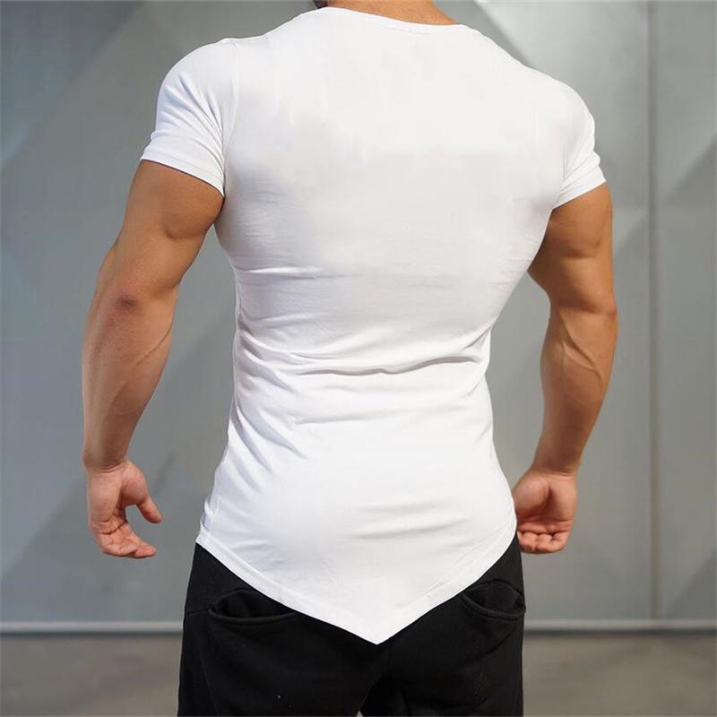 Muscleguys Mens Casual Irregular Sport Clothing Summer Cotton V-neck Short Sleeve Workout Shirts Gym Bodybuilding Fitness Slim Fit T-shirts