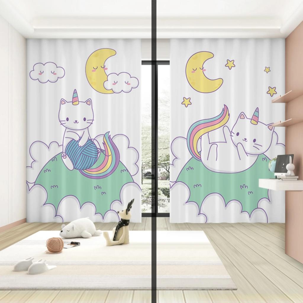 Neue hohe Verdunkelungsvorhänge für Kinderzimmer, Schattierungsvorhänge, Cartoon-Katze, Mädchenzimmer, Schlafzimmer, Arbeitszimmer, Dekoration, Verdunkelung, 2 Stück