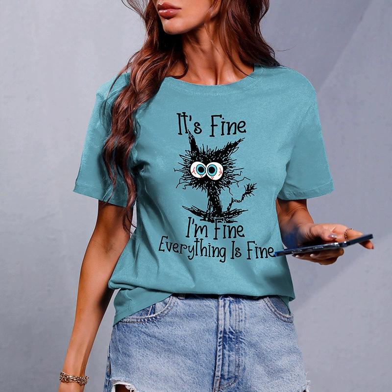 Women's Top Cat Print Short Sleeve T-Shirt