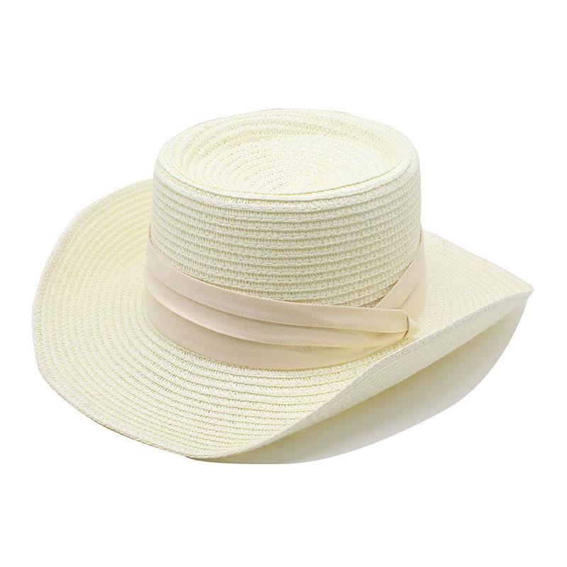 Sunscreen Summer Shade French Flat Top Straw Hat Black Belt Women'S Triple Fold With Seaside Beach Top Hat Sunscreen Woven