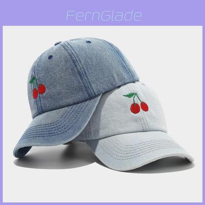 Denim Baseballkappe mit Kirschstickerei für Damen mit Sonnenschutz und Atmungsaktivität