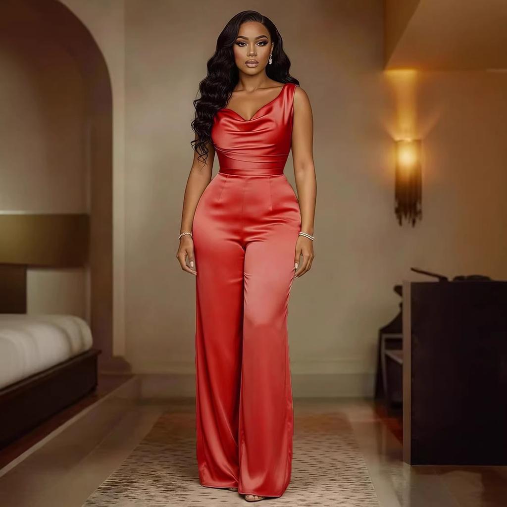New Style One-piece Pants with Sleeveless Flared Waist Cinched Wide-leg Pants for Women