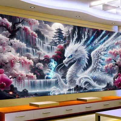 Ledový drak, Fantazijní krajina Vodopád Květiny DIY 5D Diamantová malba Novinka 2025 Plná mozaika Diamantová výšivka Prodej Velký rozměr