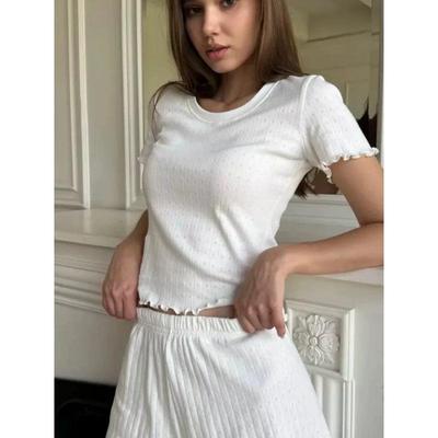 2026 Fashion Casual Jacquard Ruffle Trim Slim Fit Home Wear Two-Piece Set with Round Neck Short Sleeve Top and Shorts