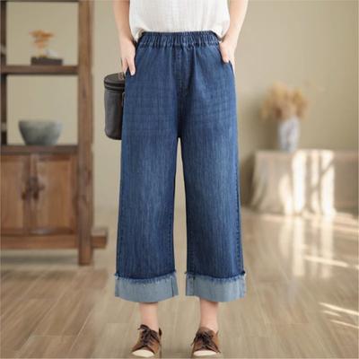 Woman Autumn Personality Splice Washing Cowboy Straight Pants Loose Korean Casual Elastic Waist Pants