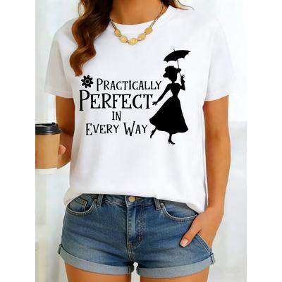 Women's Practically Perfect Shadow Print Short-Sleeve T-Shirt - Vintage Casual Oversized Round Neck Blouse,
