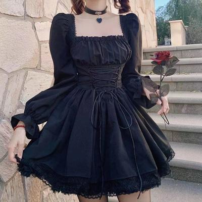 Dievčenské čiernobiele šaty Lolita s dlhým rukávom Gotické šaty s dlhým naberaným rukávom s vysokým pásom Vintage bandáž s čipkovaným lemom Spoločenské šaty