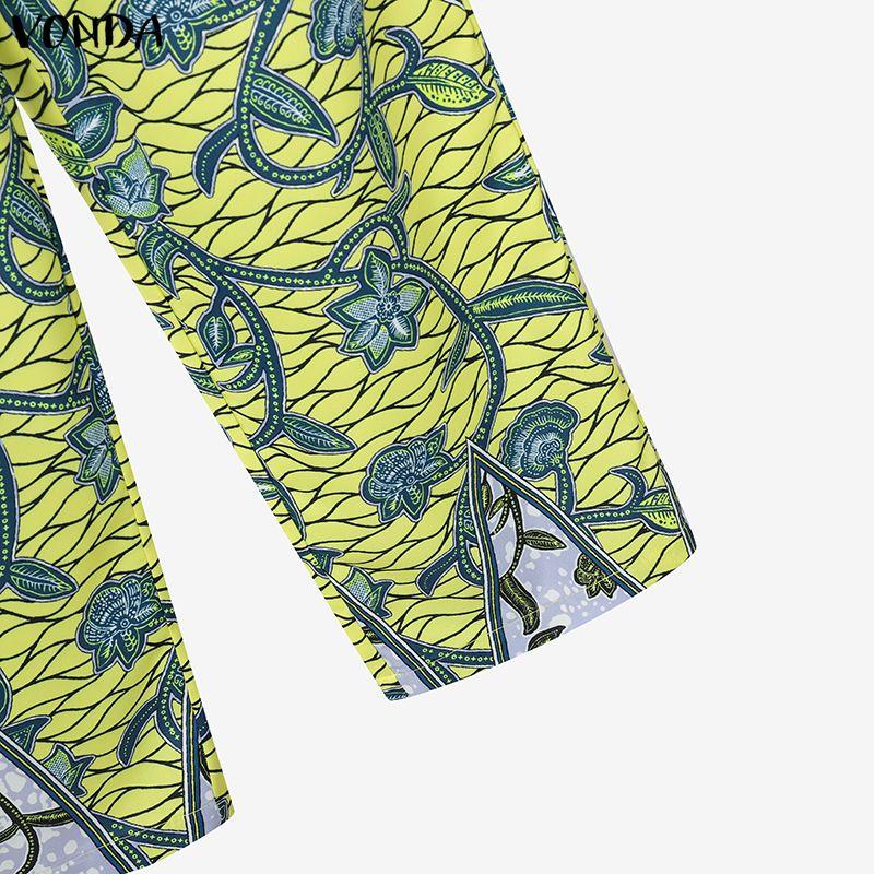 VONDA Oversized Women Long Sleeve Floral Print Tops and Straight Pants Bohemia Sets