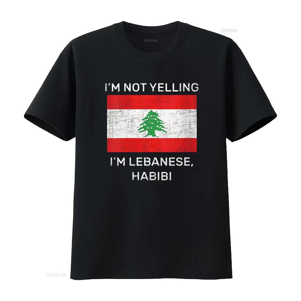 Mens I M Not Yelling Lebanese Habibi Lebanon Flag Round Neck T Shirt Black 2X Large Vintage Washed Versatile Comfortable
