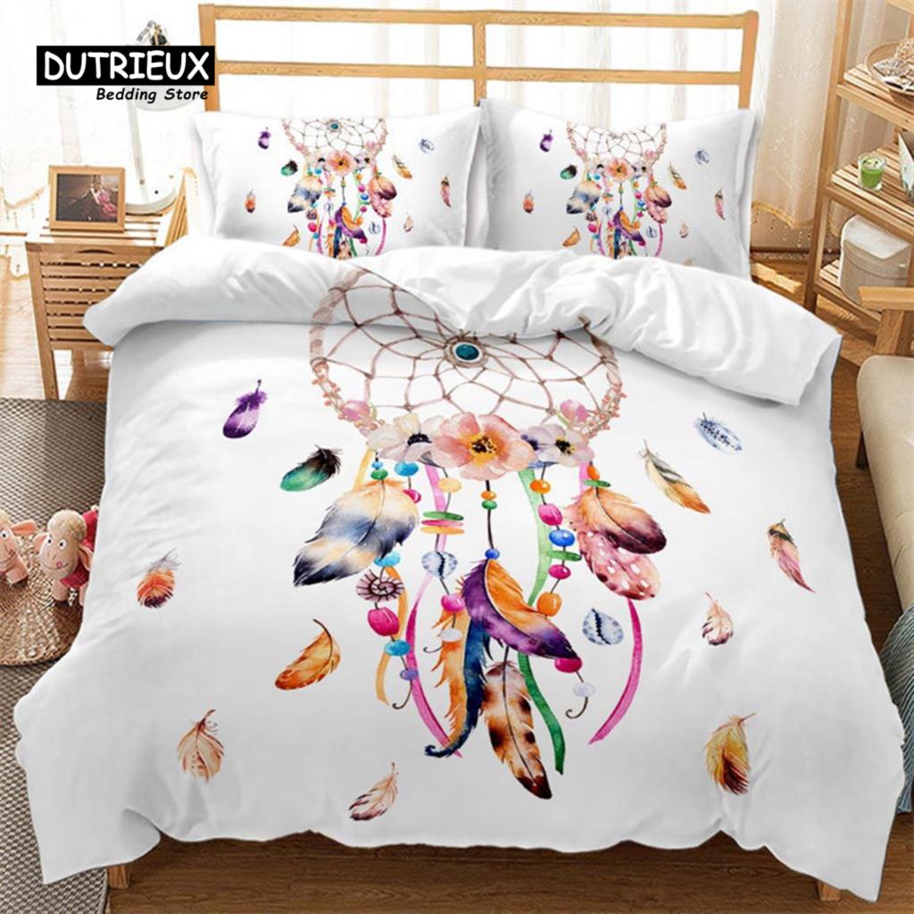 Traumfänger Bettbezug Set 2/3-teilig King Boho Bettwäsche Set Mikrofaser Federmuster Böhmischer Bettdeckenbezug mit Kissenbezügen